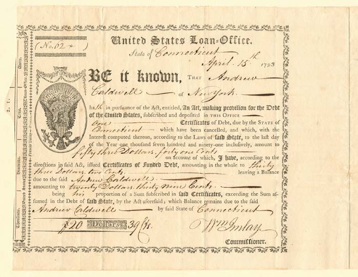 United States Loan Office signed by William Imlay - Autograph Loan Certificate - Bond